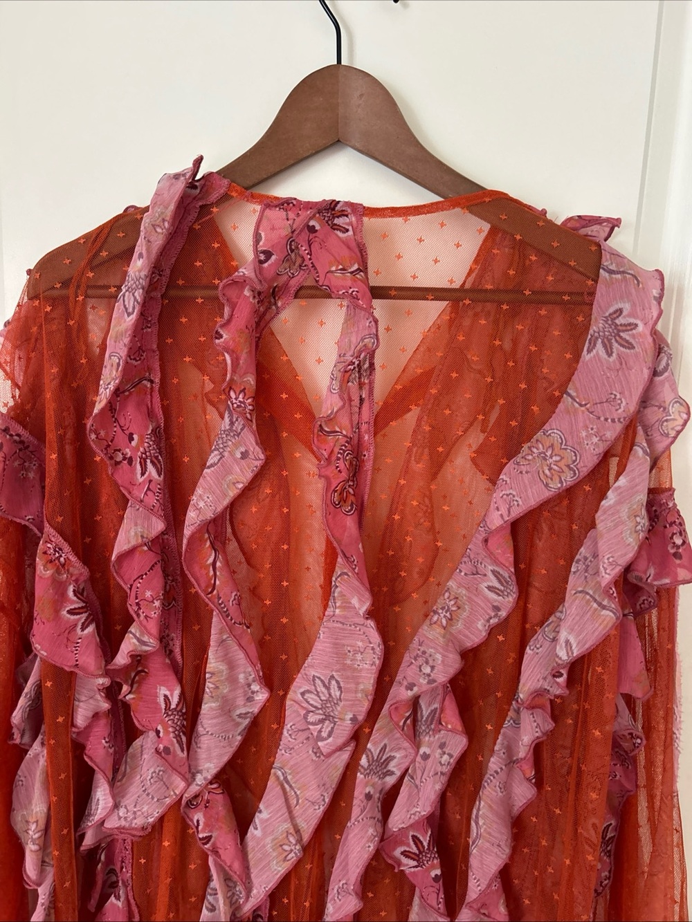 Free People Worth It Pink Orange Sheer Ruffle Floral Button Blouse Boho Fairy - Picture 11 of 14
